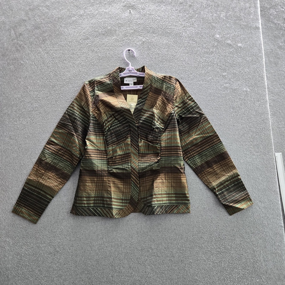 Coldwater Creek Women Blouse M Green Silk Plaid Zip Front Office Preppy NWT